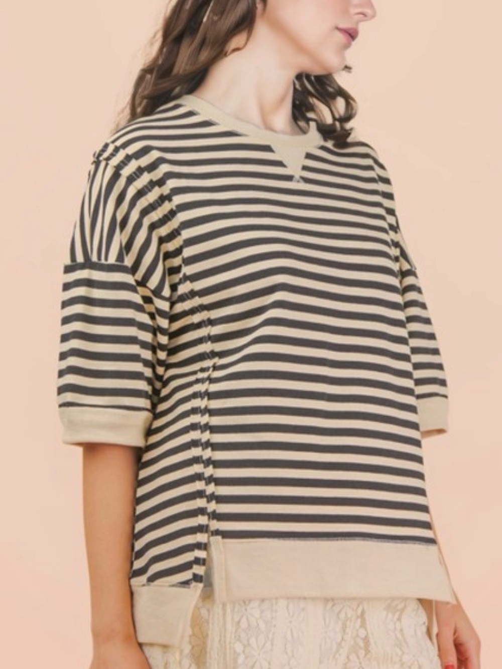 Striped Short-Sleeve Knit Top and Short Set in Cream and Black